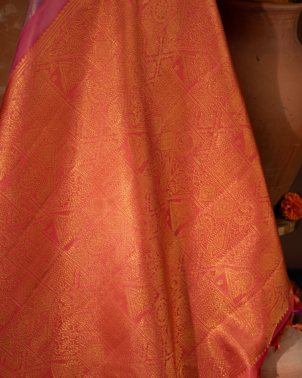 Lavender - Pink Tissue Kanchipuram Silk Saree With Long & Short Zari Border