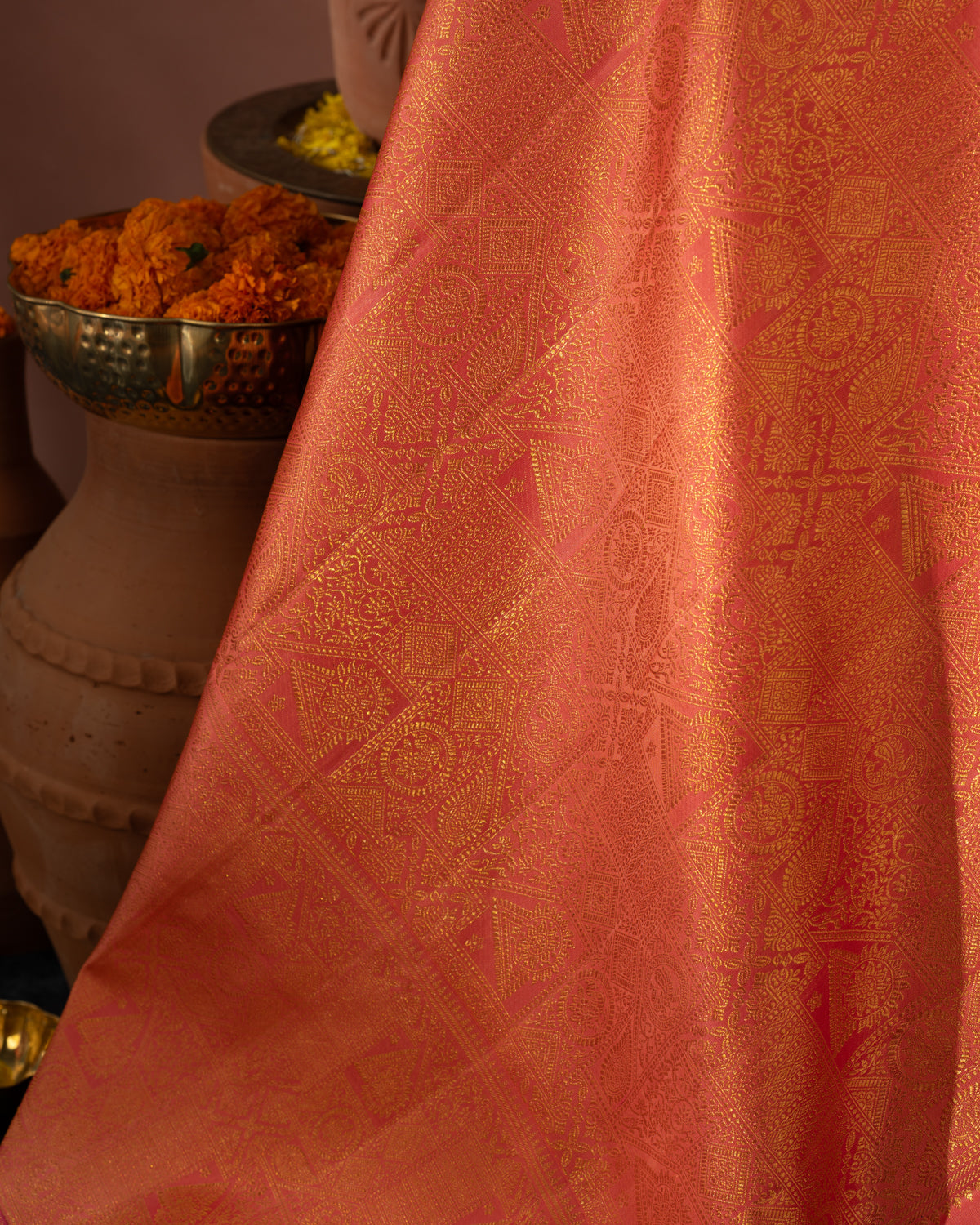 Lavender - Pink Tissue Kanchipuram Silk Saree With Long & Short Zari Border