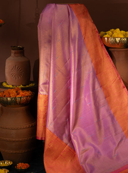 Lavender - Pink Tissue Kanchipuram Silk Saree With Long & Short Zari Border