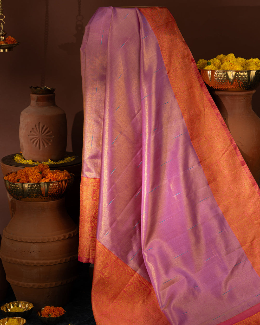 Lavender - Pink Tissue Kanchipuram Silk Saree With Long & Short Zari Border