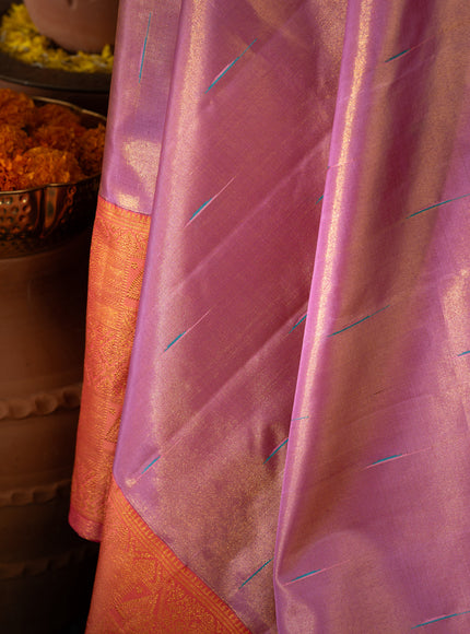 Lavender - Pink Tissue Kanchipuram Silk Saree With Long & Short Zari Border