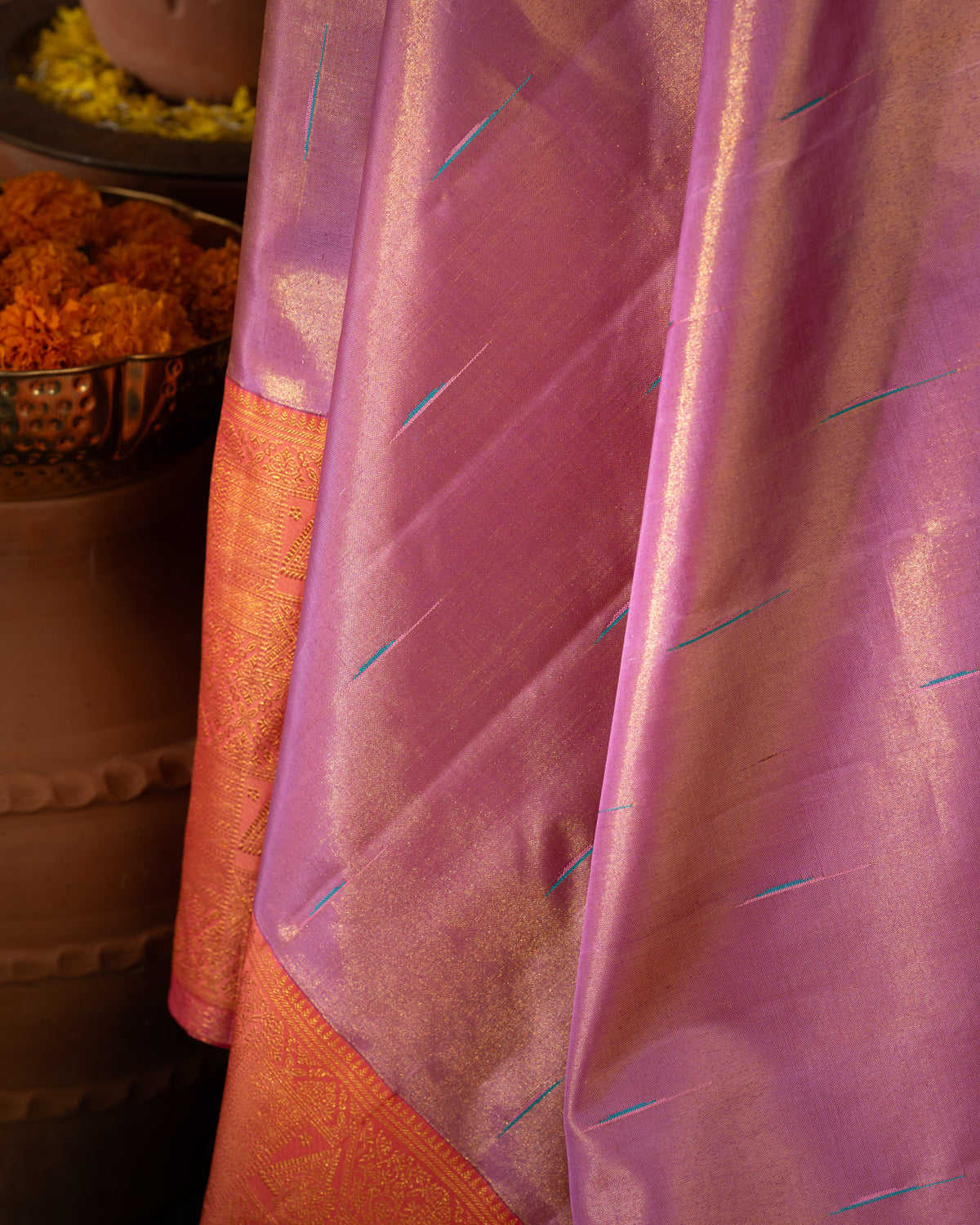 Lavender - Pink Tissue Kanchipuram Silk Saree With Long & Short Zari Border