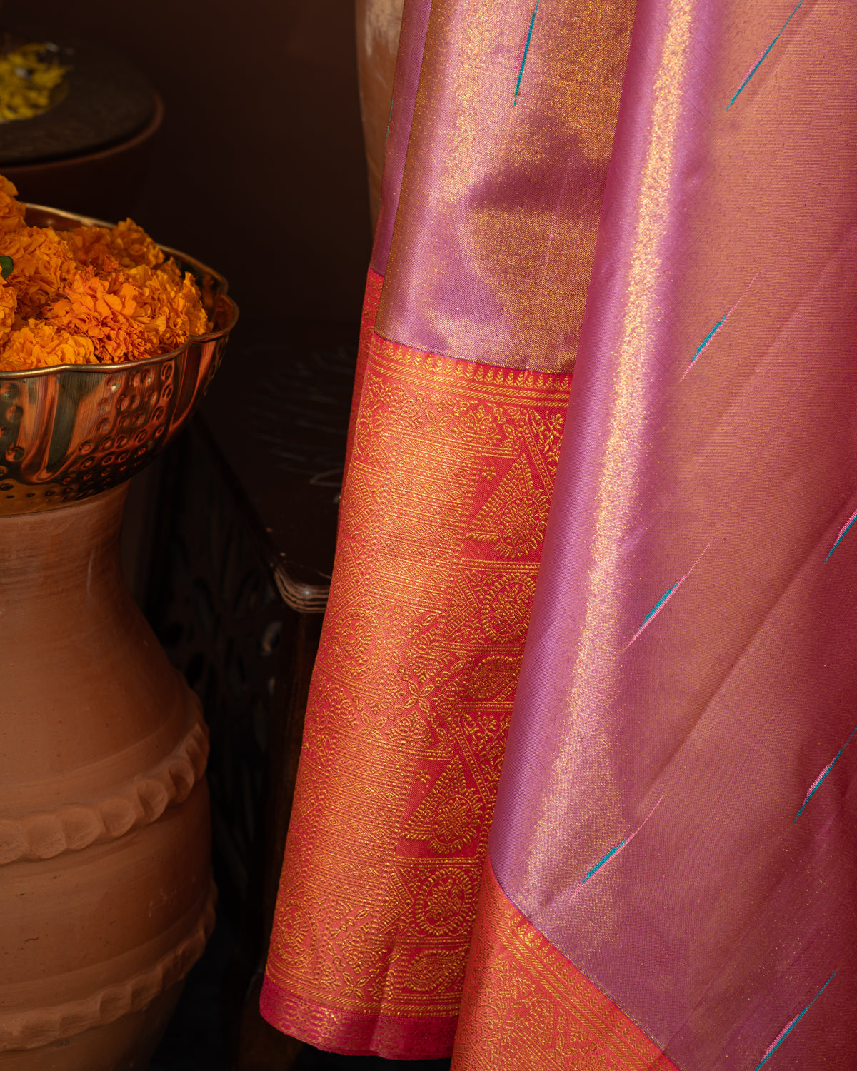 Lavender - Pink Tissue Kanchipuram Silk Saree With Long & Short Zari Border