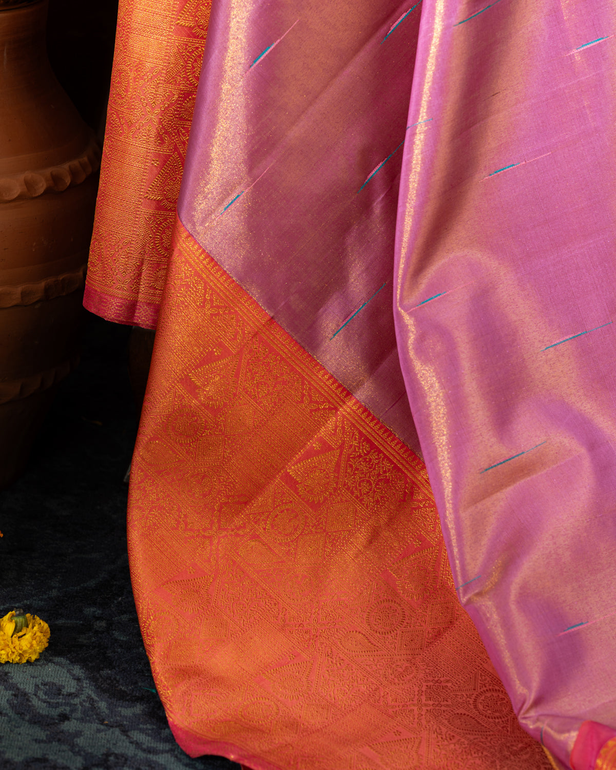 Lavender - Pink Tissue Kanchipuram Silk Saree With Long & Short Zari Border