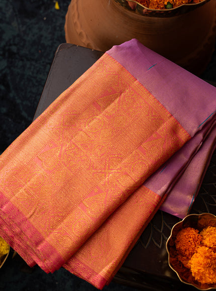 Lavender - Pink Tissue Kanchipuram Silk Saree With Long & Short Zari Border