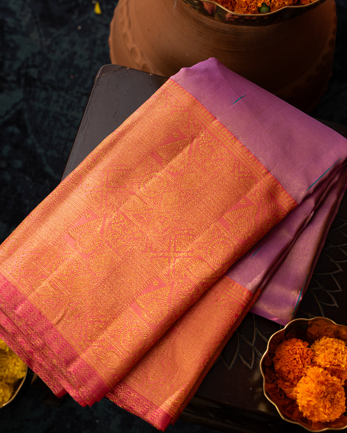 Lavender - Pink Tissue Kanchipuram Silk Saree With Long & Short Zari Border