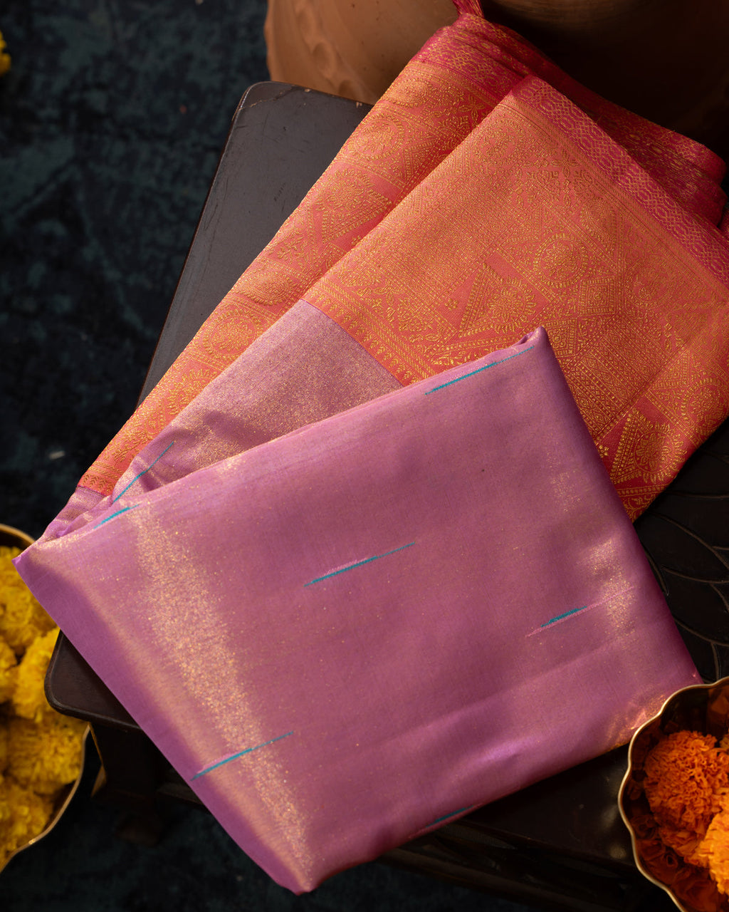 Lavender - Pink Tissue Kanchipuram Silk Saree With Long & Short Zari Border