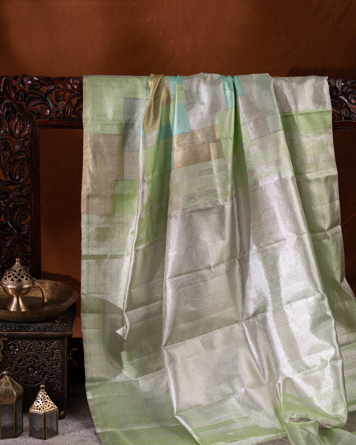 Pista Green Kanchipuram Silk Saree With Geometric Weaves
