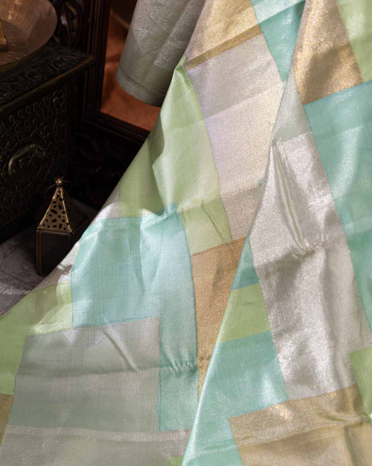 Pista Green Kanchipuram Silk Saree With Geometric Weaves
