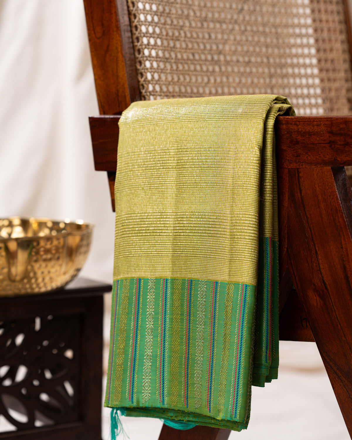 Lime Green & Teal Kanchipuram Silk Saree With Zari Weaves