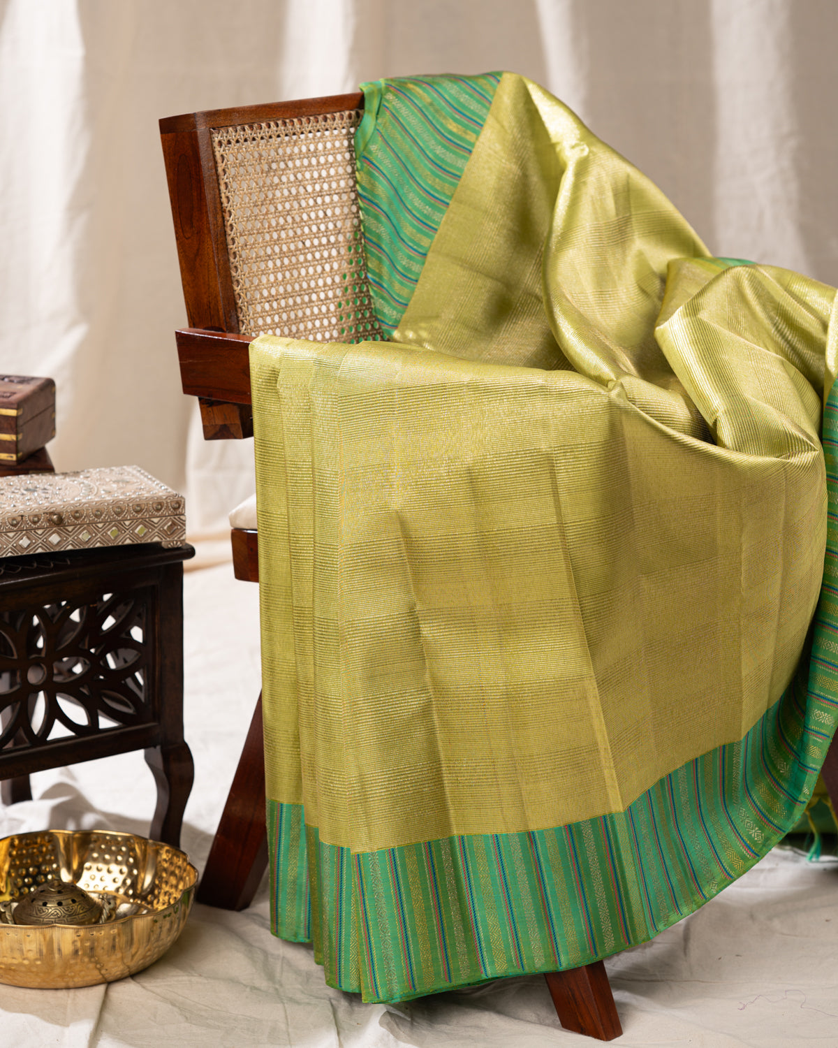 Lime Green & Teal Kanchipuram Silk Saree With Zari Weaves
