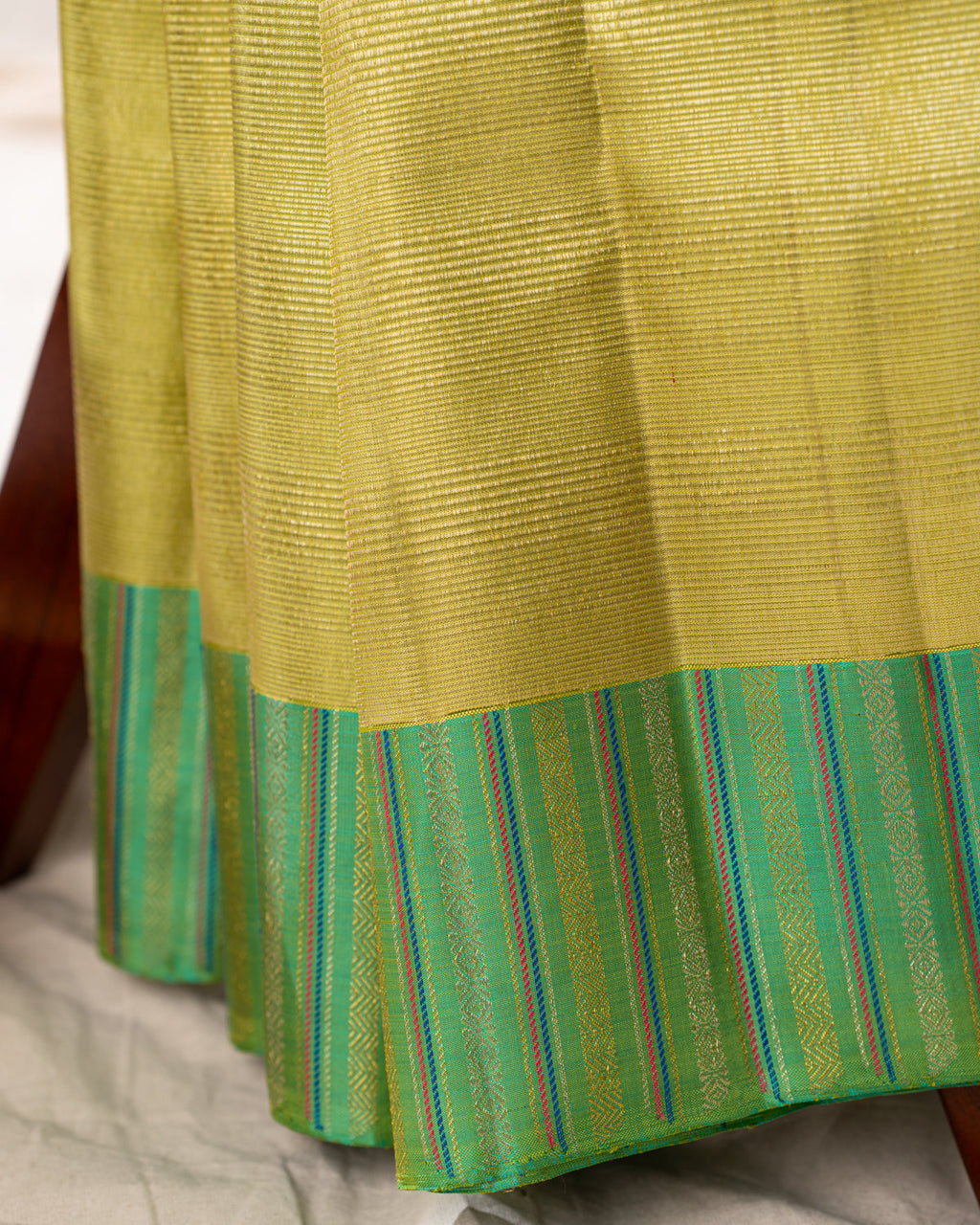 Lime Green & Teal Kanchipuram Silk Saree With Zari Weaves
