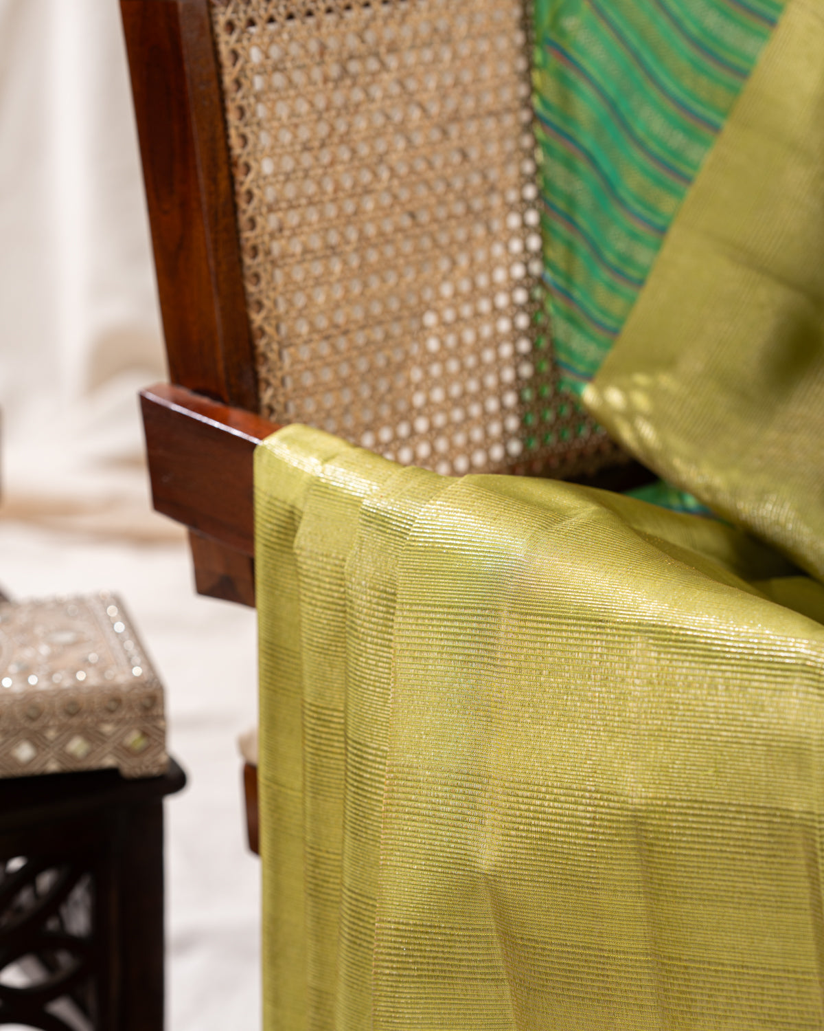 Lime Green & Teal Kanchipuram Silk Saree With Zari Weaves