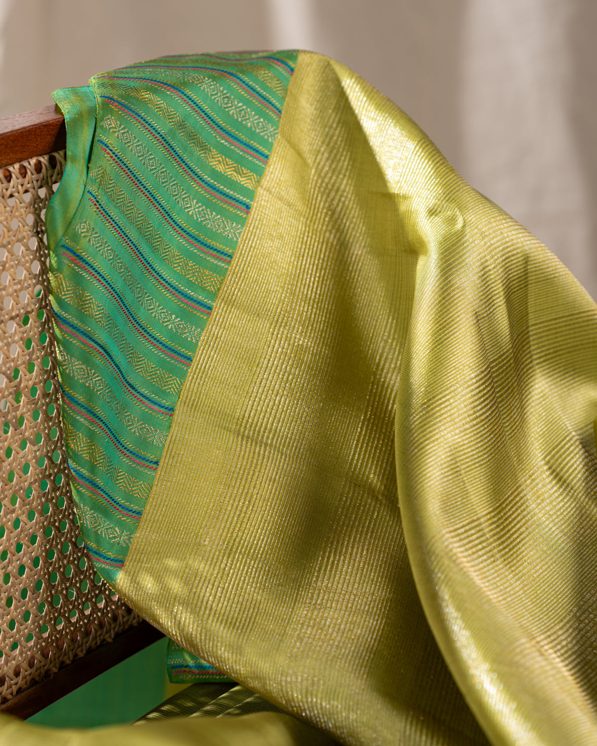 Lime Green & Teal Kanchipuram Silk Saree With Zari Weaves