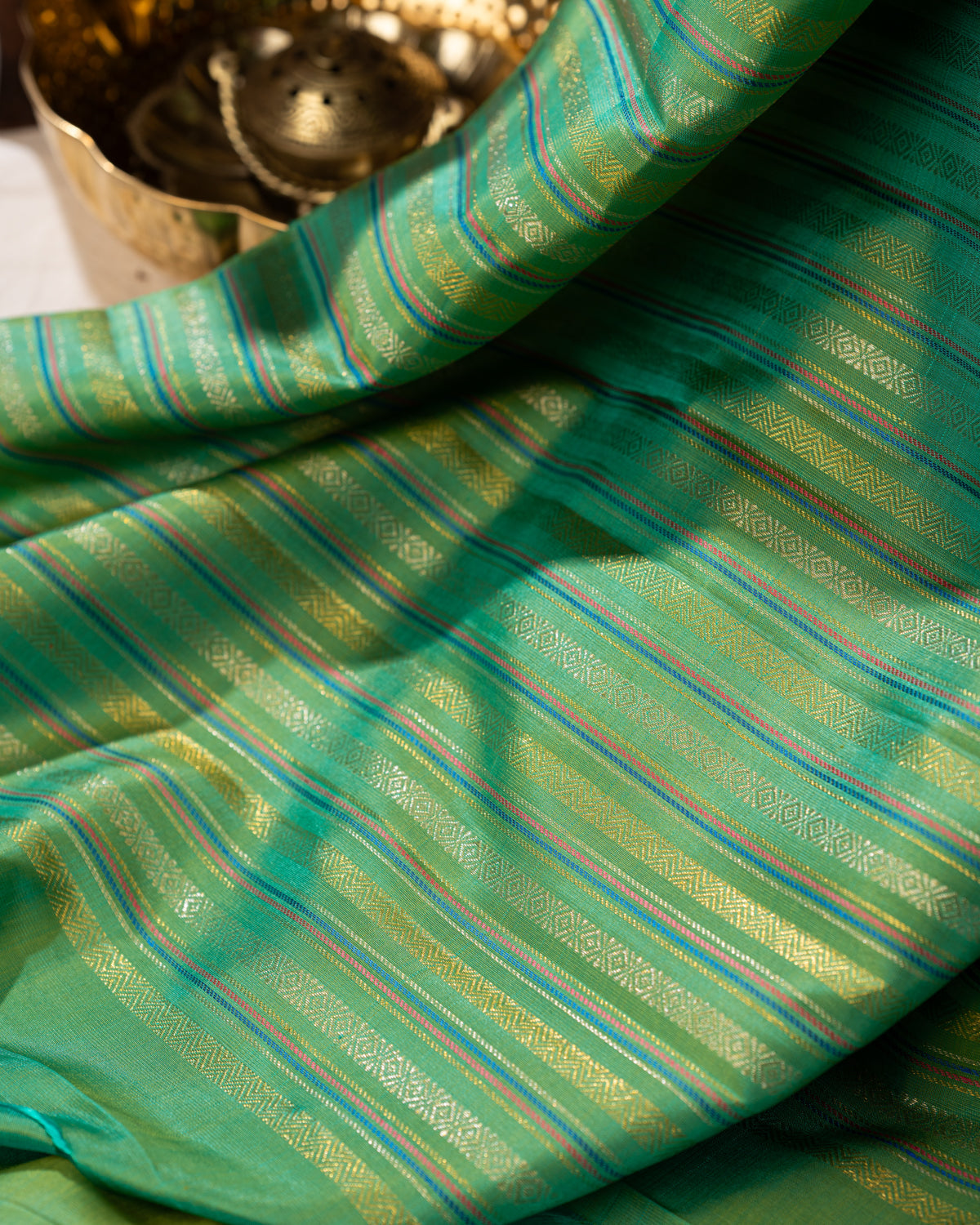 Lime Green & Teal Kanchipuram Silk Saree With Zari Weaves