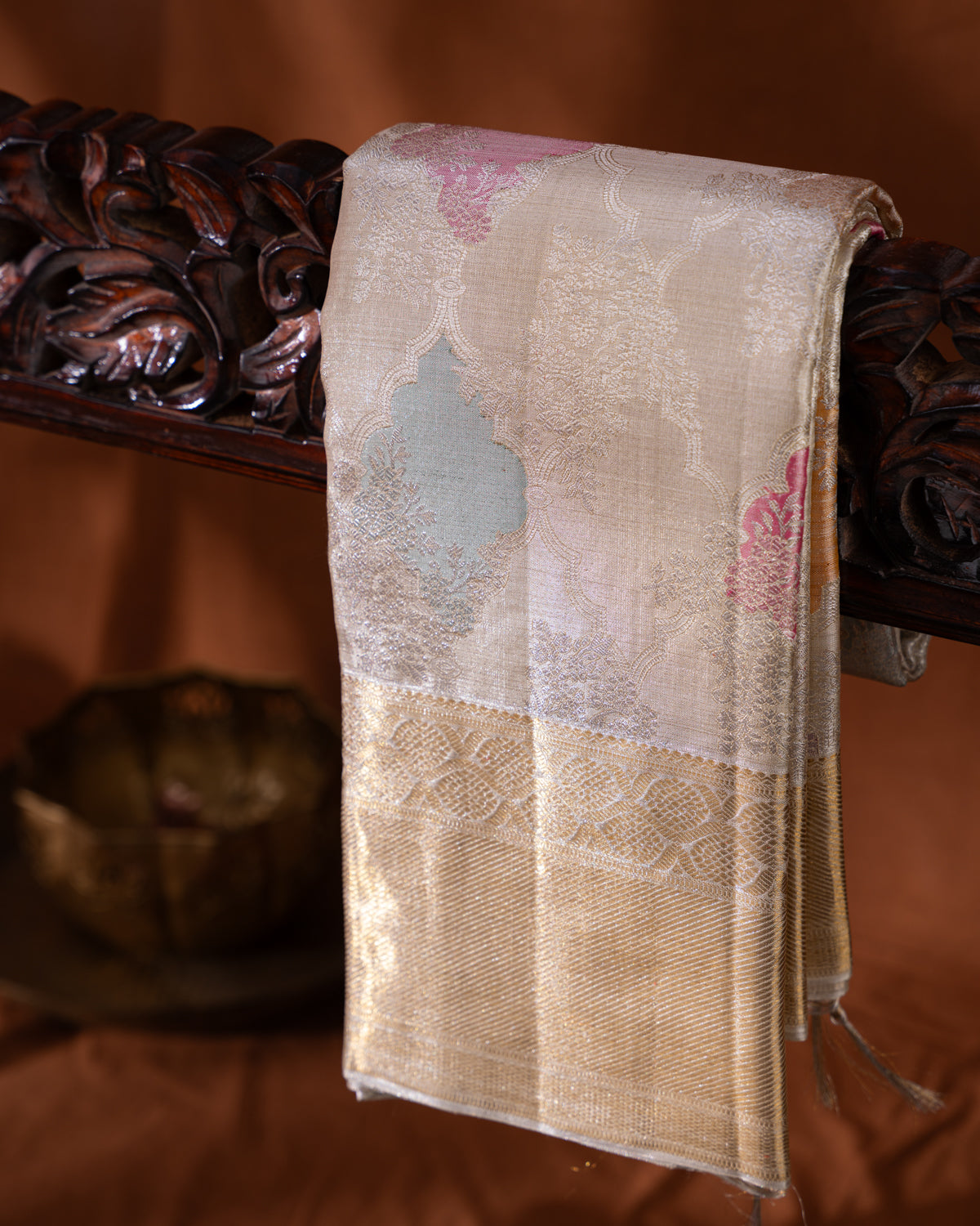 Beige Tissue Kanchipuram Silk Saree With Silver Zari Weaves
