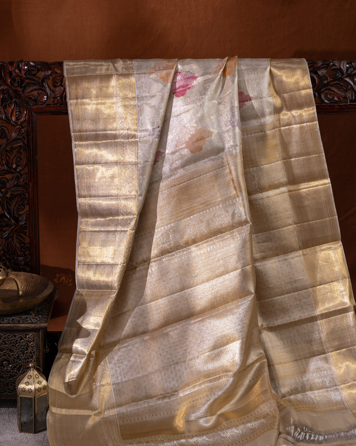 Beige Tissue Kanchipuram Silk Saree With Silver Zari Weaves