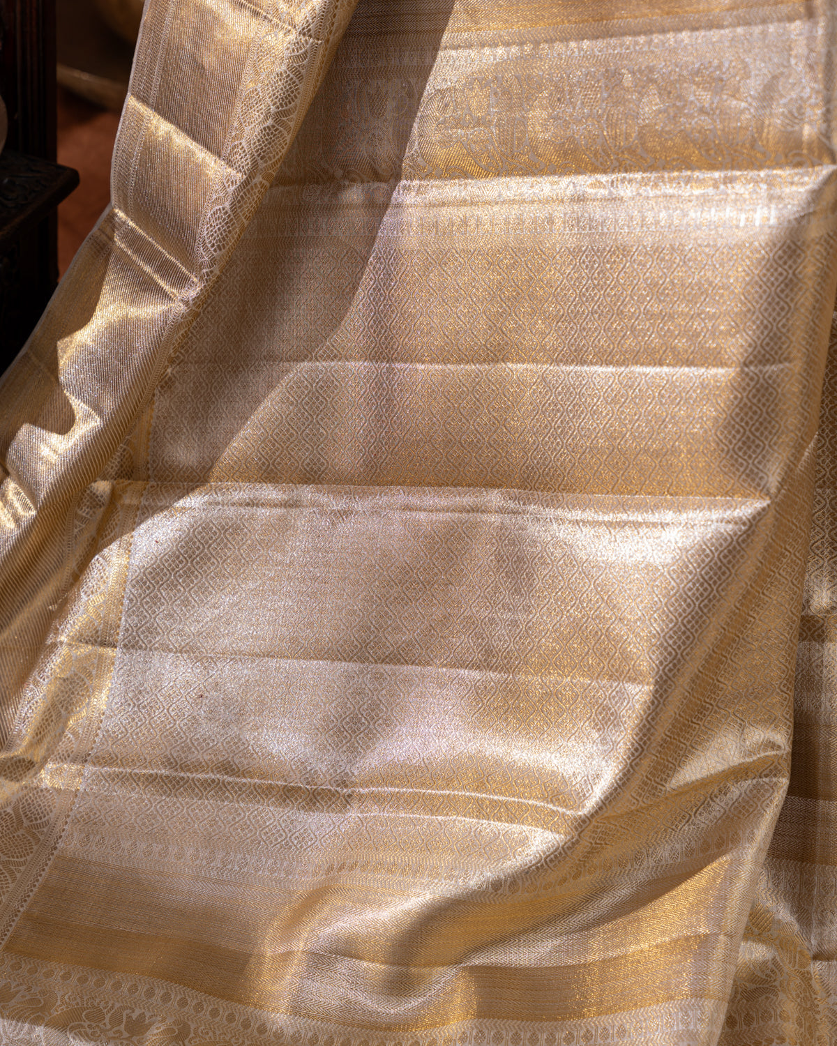 Beige Tissue Kanchipuram Silk Saree With Silver Zari Weaves