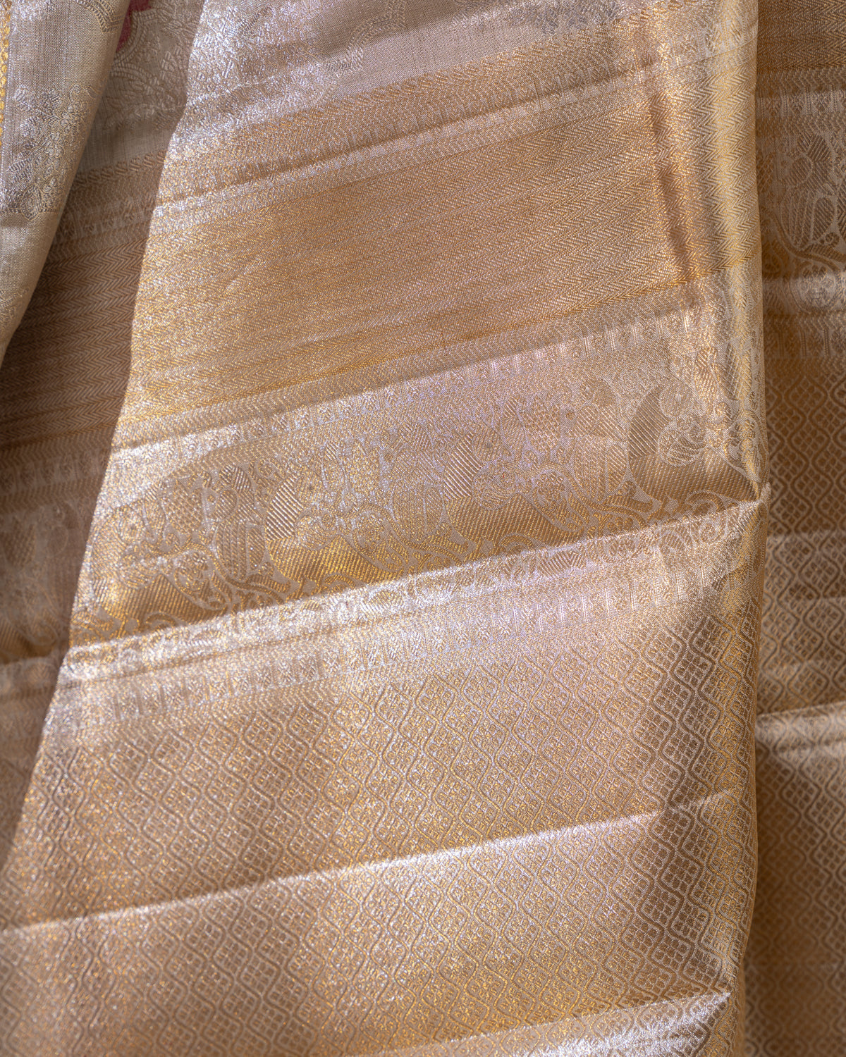 Beige Tissue Kanchipuram Silk Saree With Silver Zari Weaves