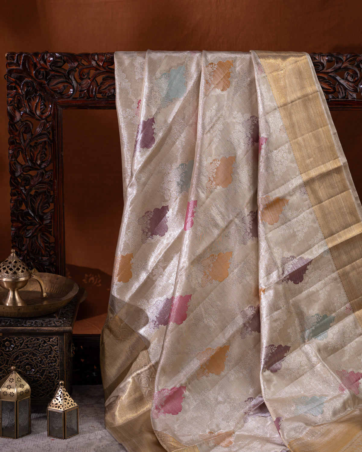 Beige Tissue Kanchipuram Silk Saree With Silver Zari Weaves