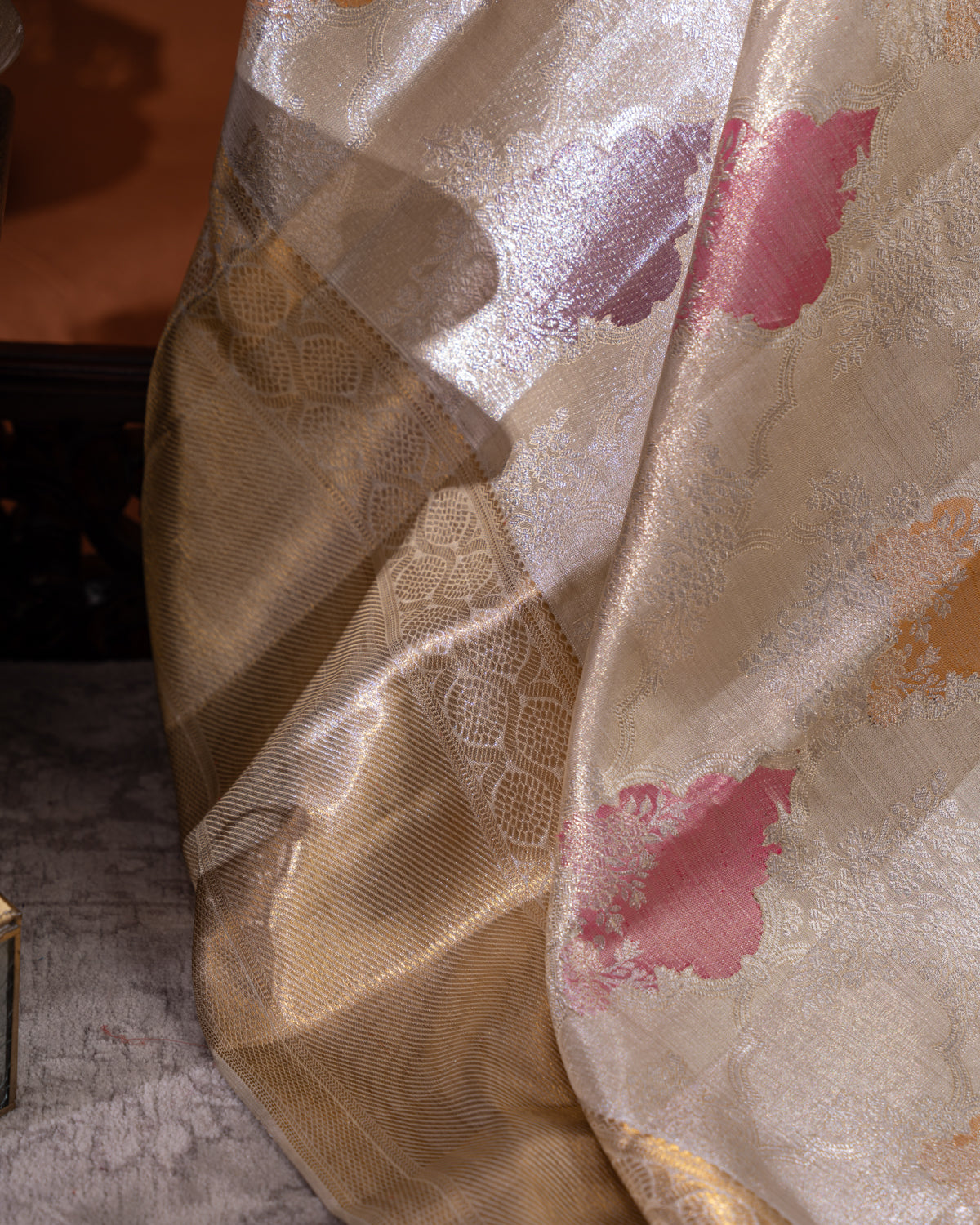 Beige Tissue Kanchipuram Silk Saree With Silver Zari Weaves