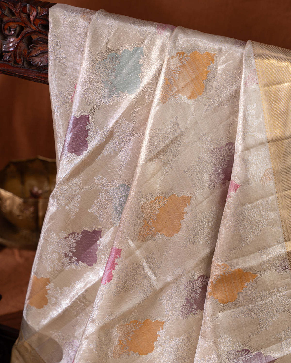 Beige Tissue Kanchipuram Silk Saree With Silver Zari Weaves