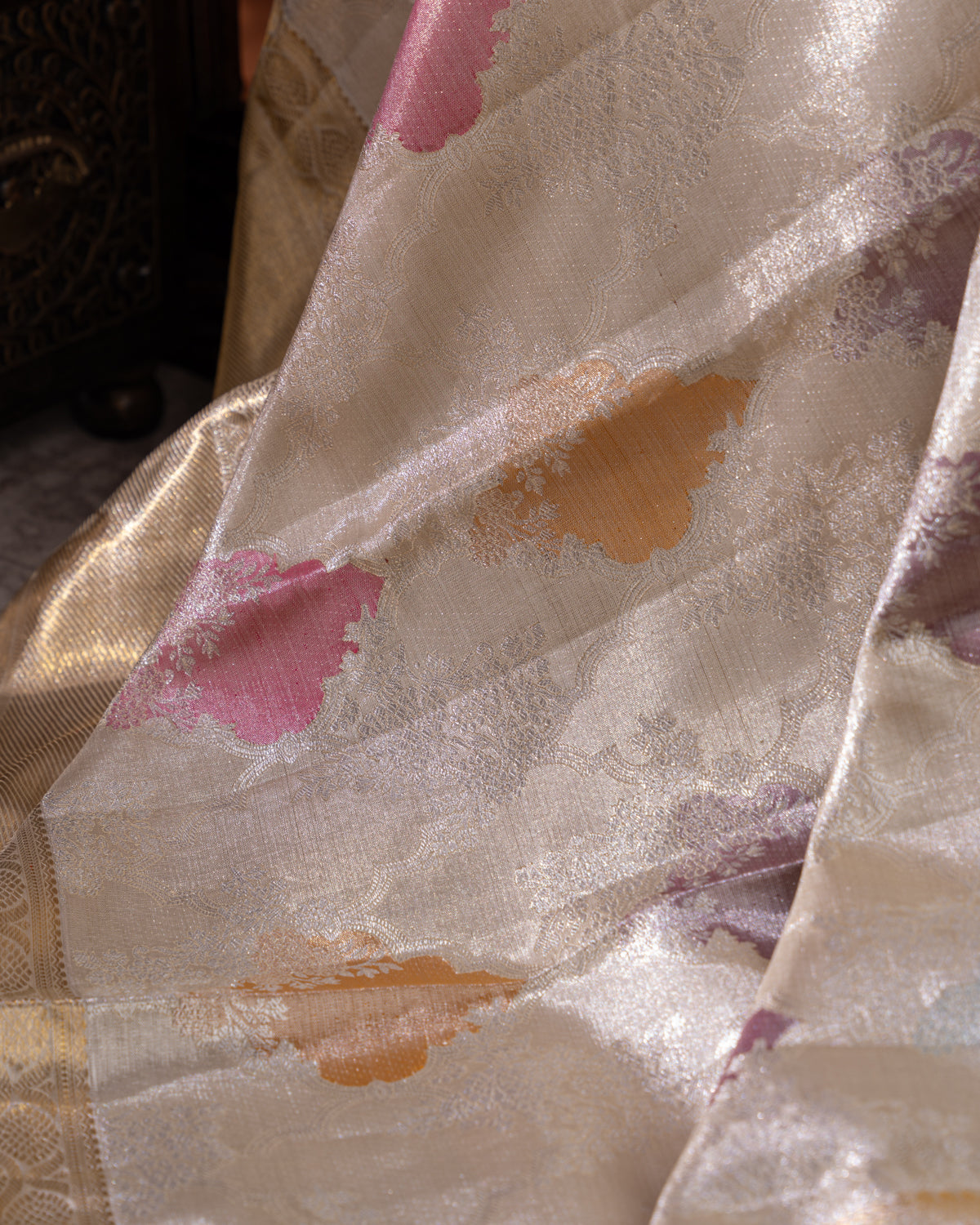 Beige Tissue Kanchipuram Silk Saree With Silver Zari Weaves