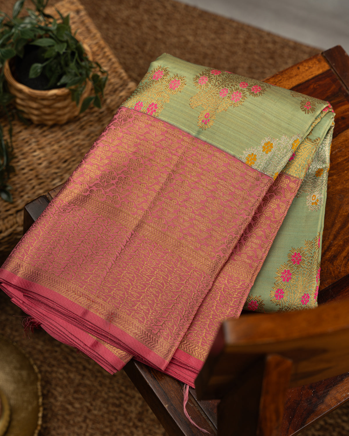 Pastel Green-Peach Pink Tissue Kanchipuram Silk Saree With Floral Motifs
