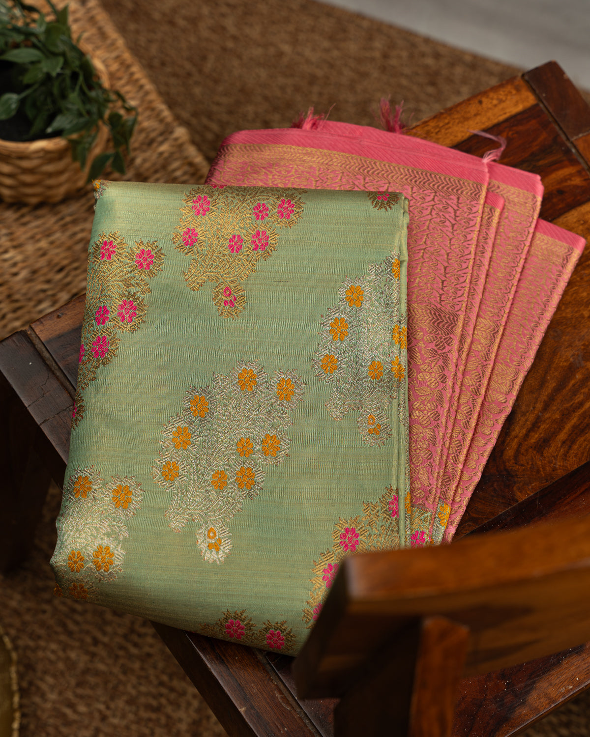 Pastel Green-Peach Pink Tissue Kanchipuram Silk Saree With Floral Motifs