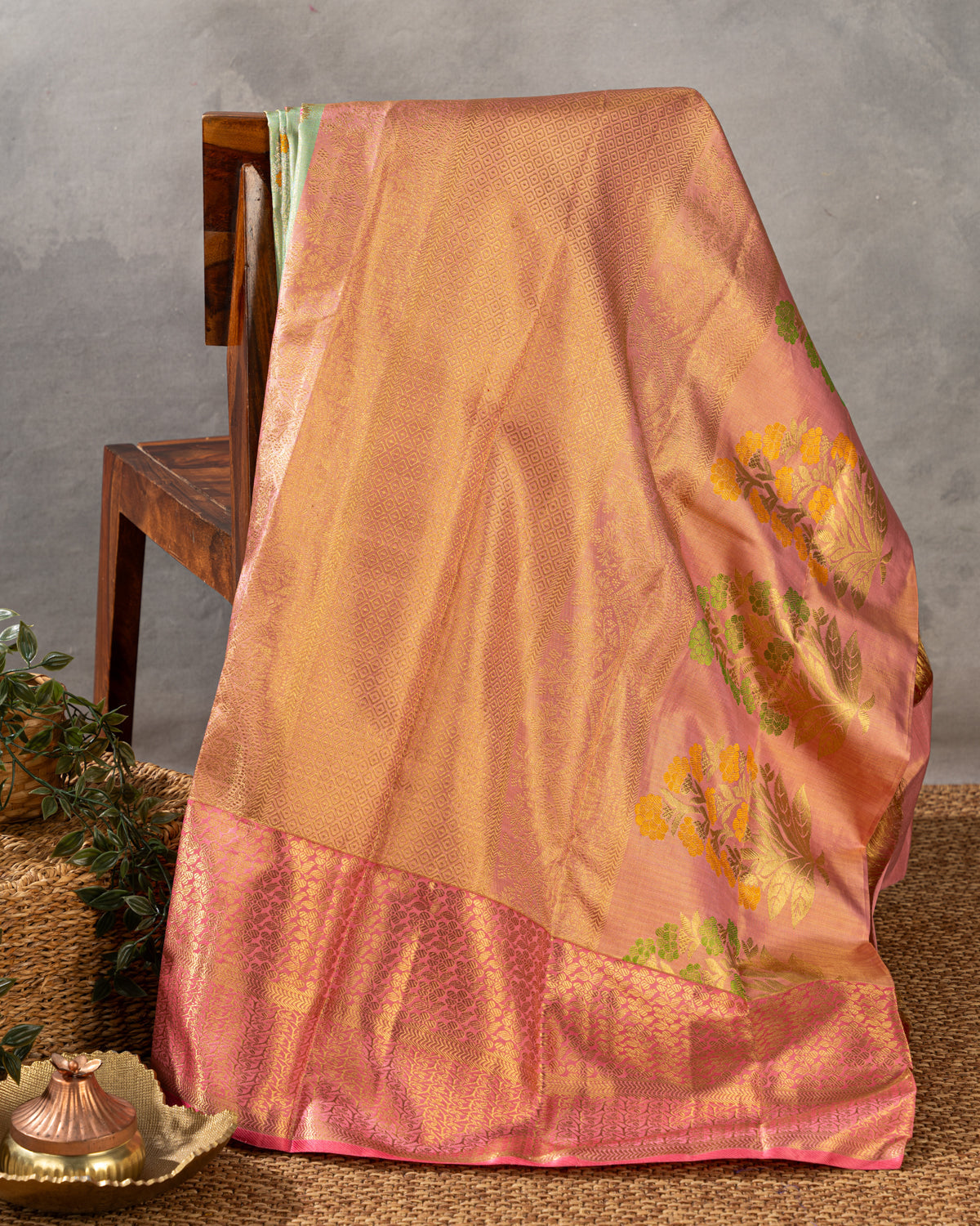 Pastel Green-Peach Pink Tissue Kanchipuram Silk Saree With Floral Motifs