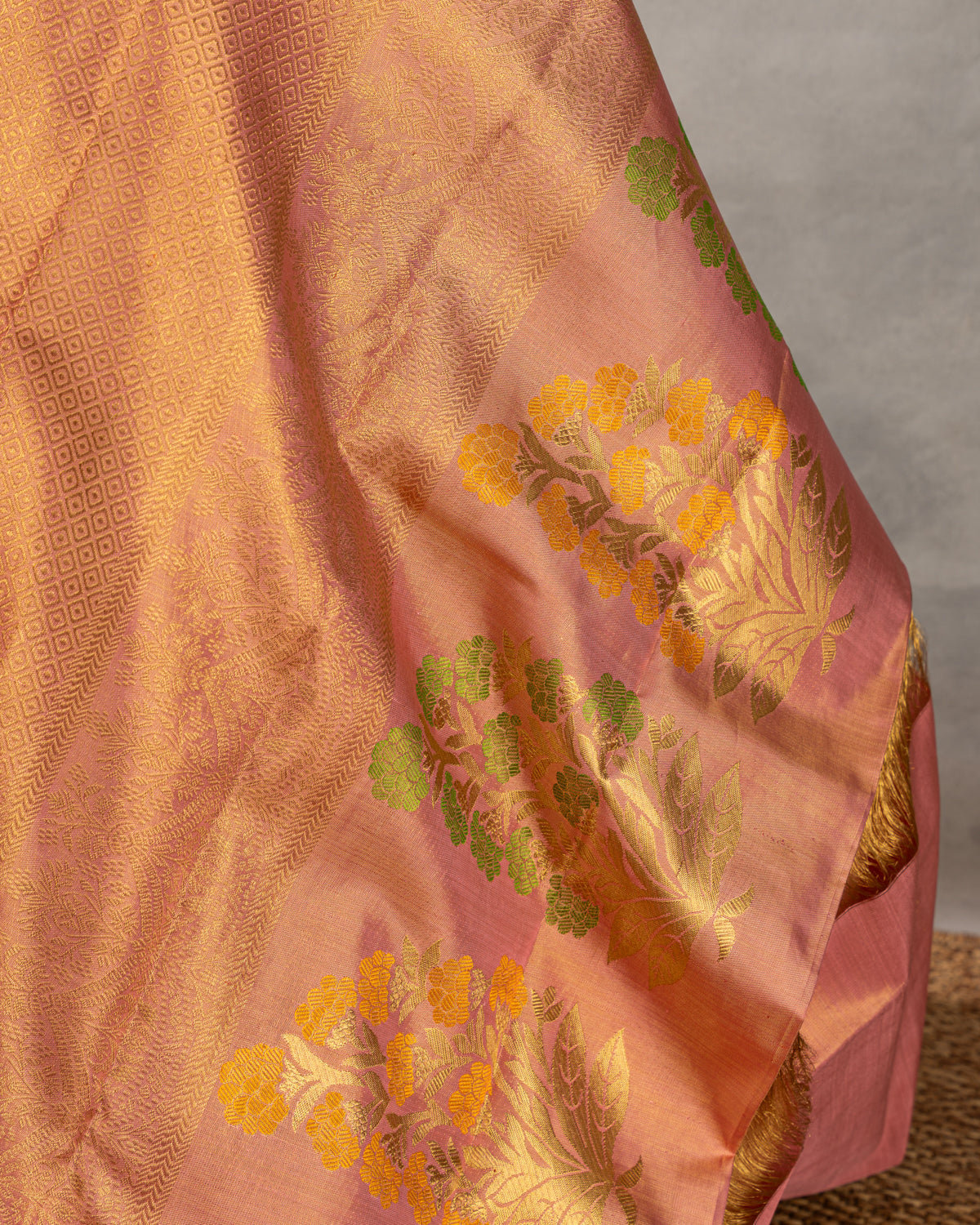 Pastel Green-Peach Pink Tissue Kanchipuram Silk Saree With Floral Motifs