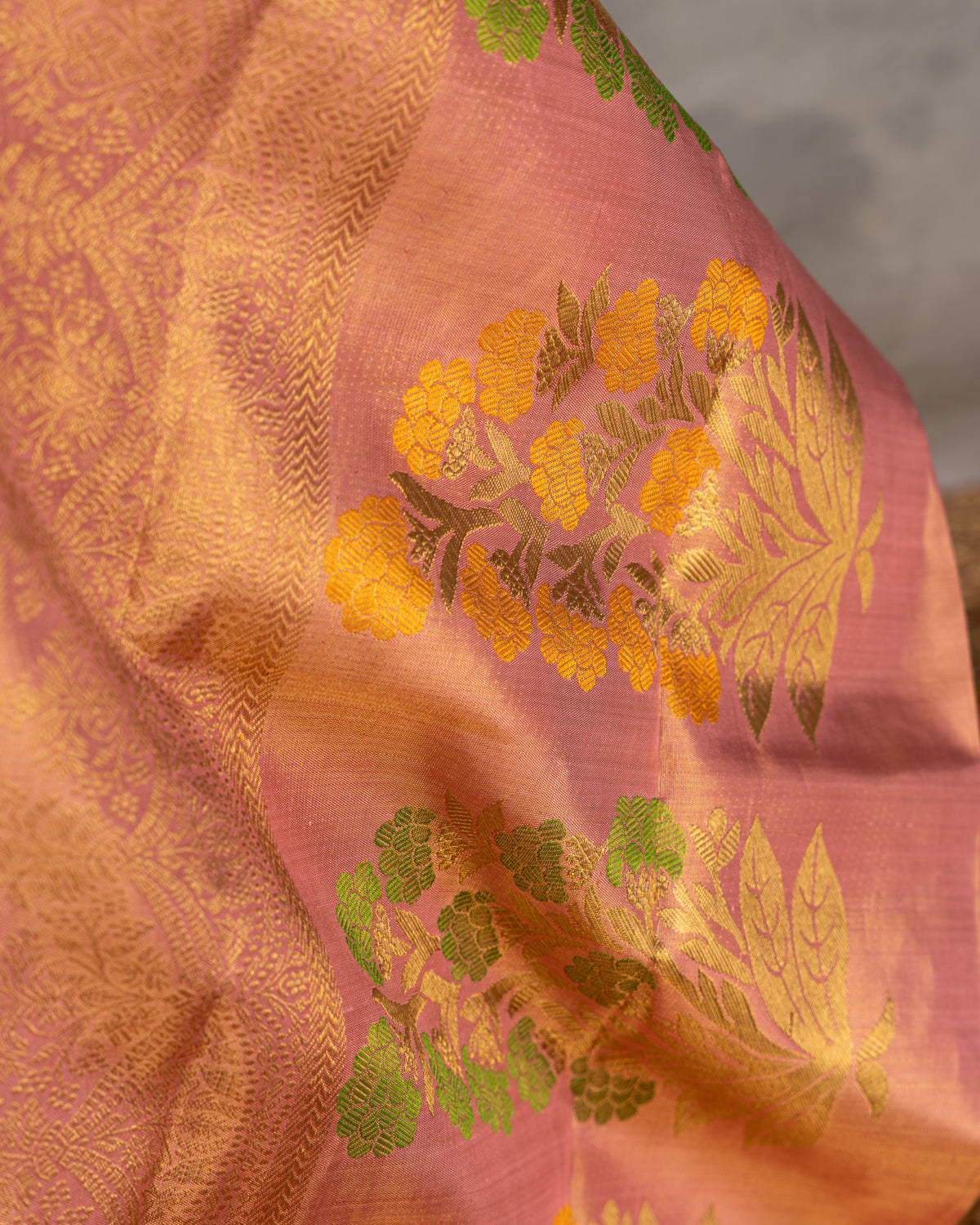 Pastel Green-Peach Pink Tissue Kanchipuram Silk Saree With Floral Motifs