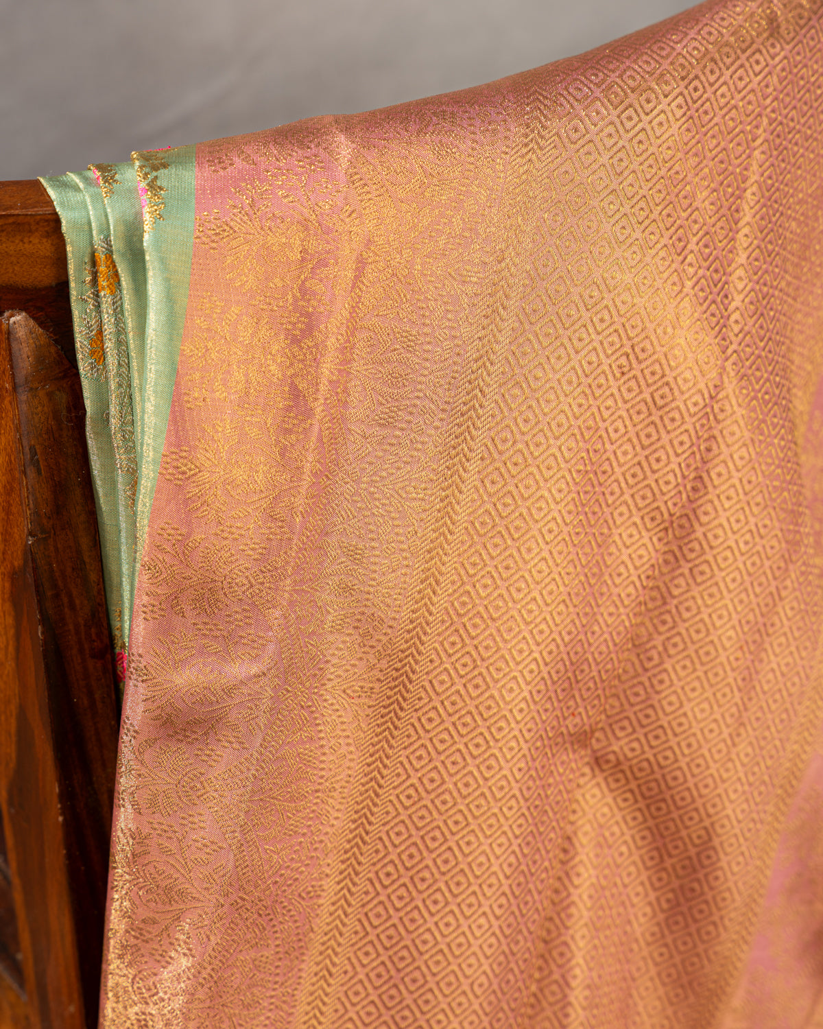 Pastel Green-Peach Pink Tissue Kanchipuram Silk Saree With Floral Motifs
