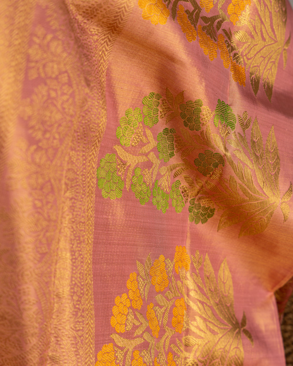 Pastel Green-Peach Pink Tissue Kanchipuram Silk Saree With Floral Motifs
