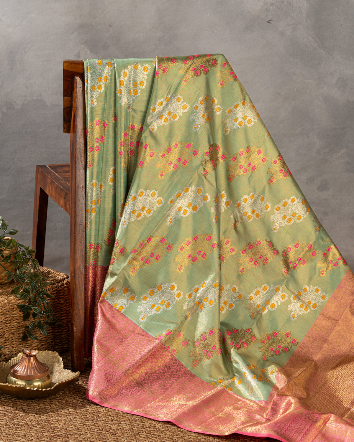 Pastel Green-Peach Pink Tissue Kanchipuram Silk Saree With Floral Motifs