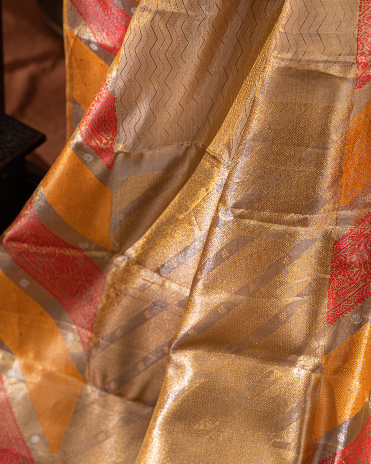 Golden Tissue Kanchipuram Silk Saree With Zari Weaves