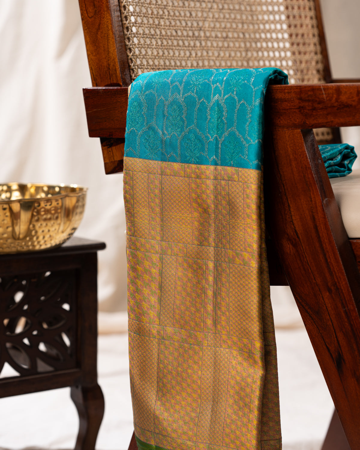 Teal Blue Kanchippuram Silk Saree With Silver Zari Weaving