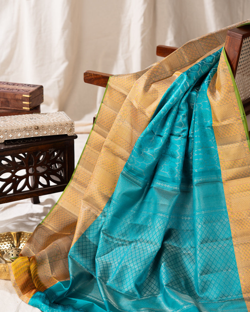 Teal Blue Kanchippuram Silk Saree With Silver Zari Weaving