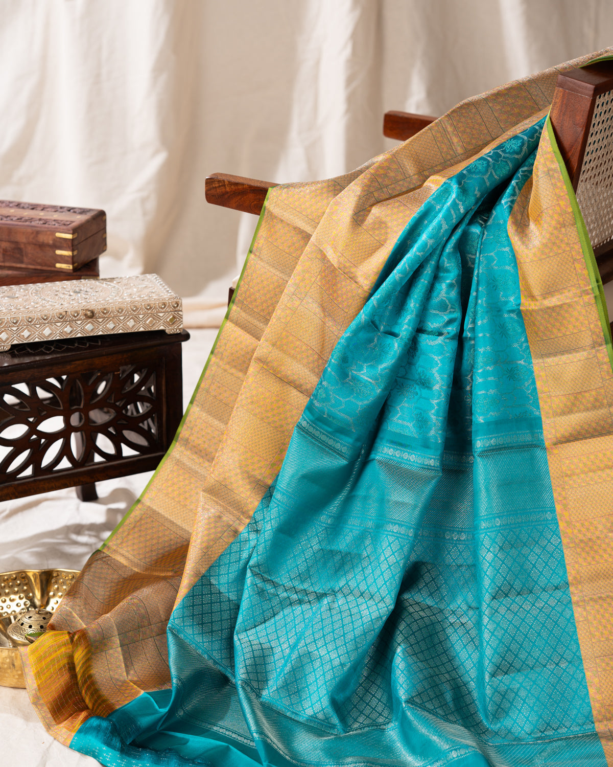 Teal Blue Kanchippuram Silk Saree With Silver Zari Weaving