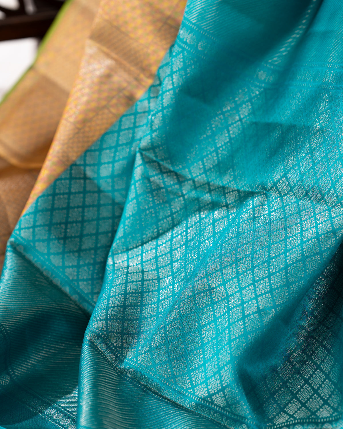 Teal Blue Kanchippuram Silk Saree With Silver Zari Weaving
