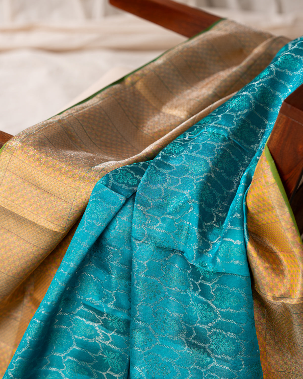 Teal Blue Kanchippuram Silk Saree With Silver Zari Weaving