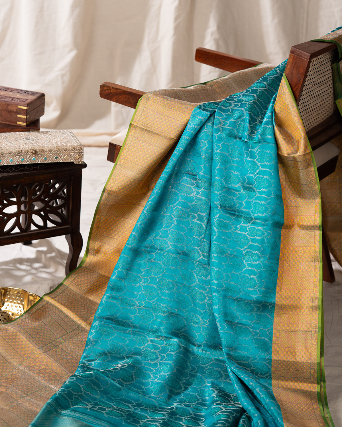 Teal Blue Kanchippuram Silk Saree With Silver Zari Weaving