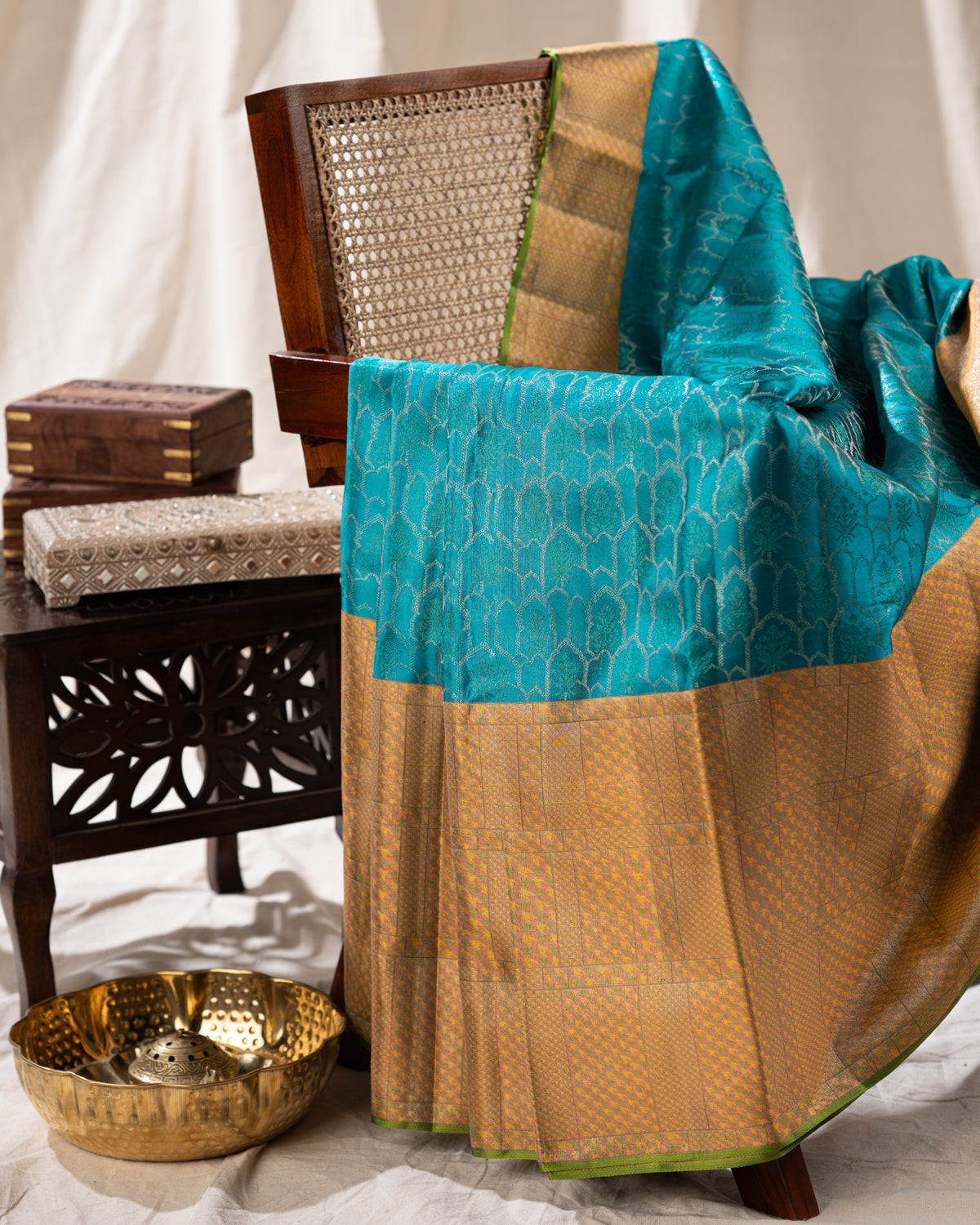 Teal Blue Kanchippuram Silk Saree With Silver Zari Weaving
