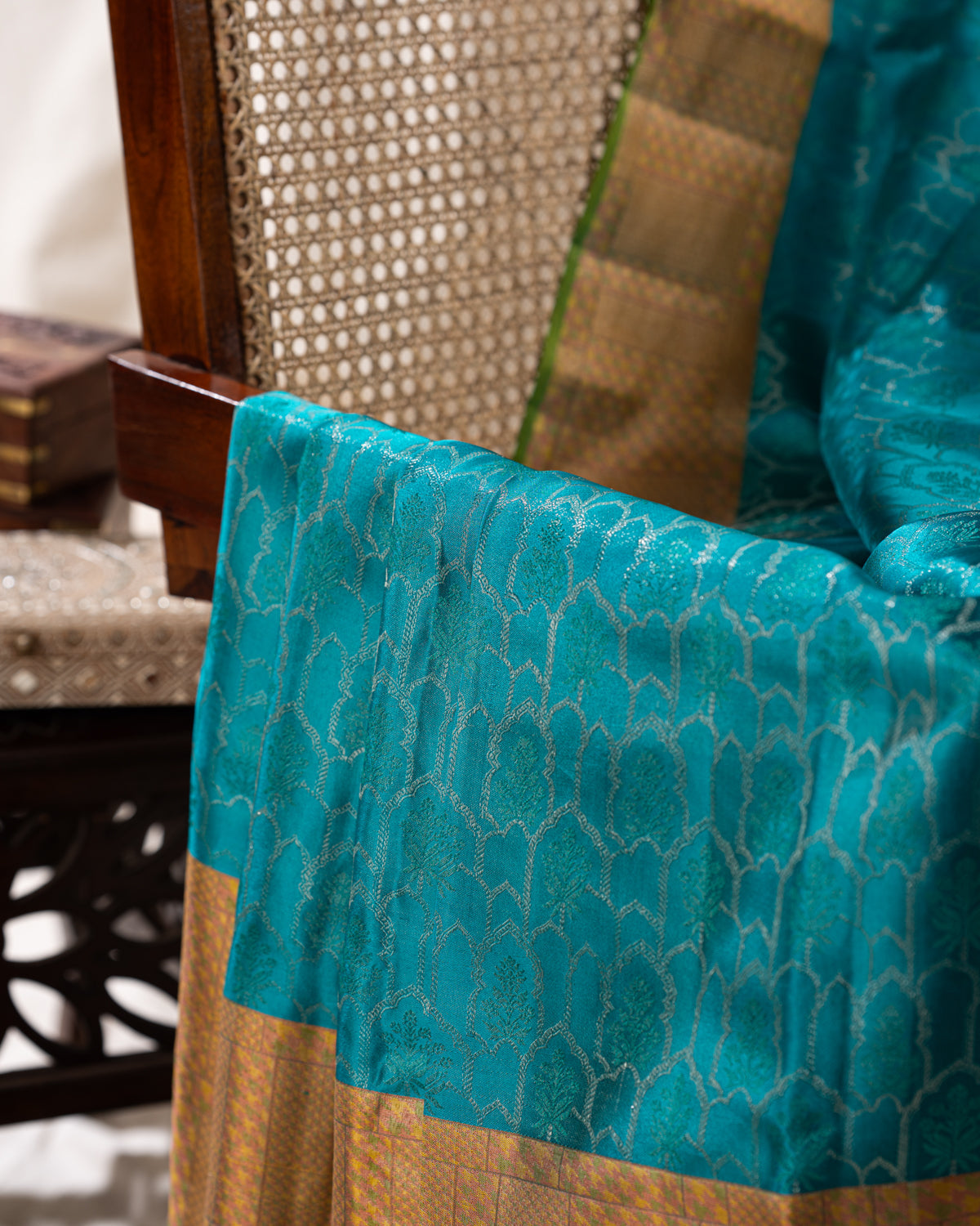 Teal Blue Kanchippuram Silk Saree With Silver Zari Weaving