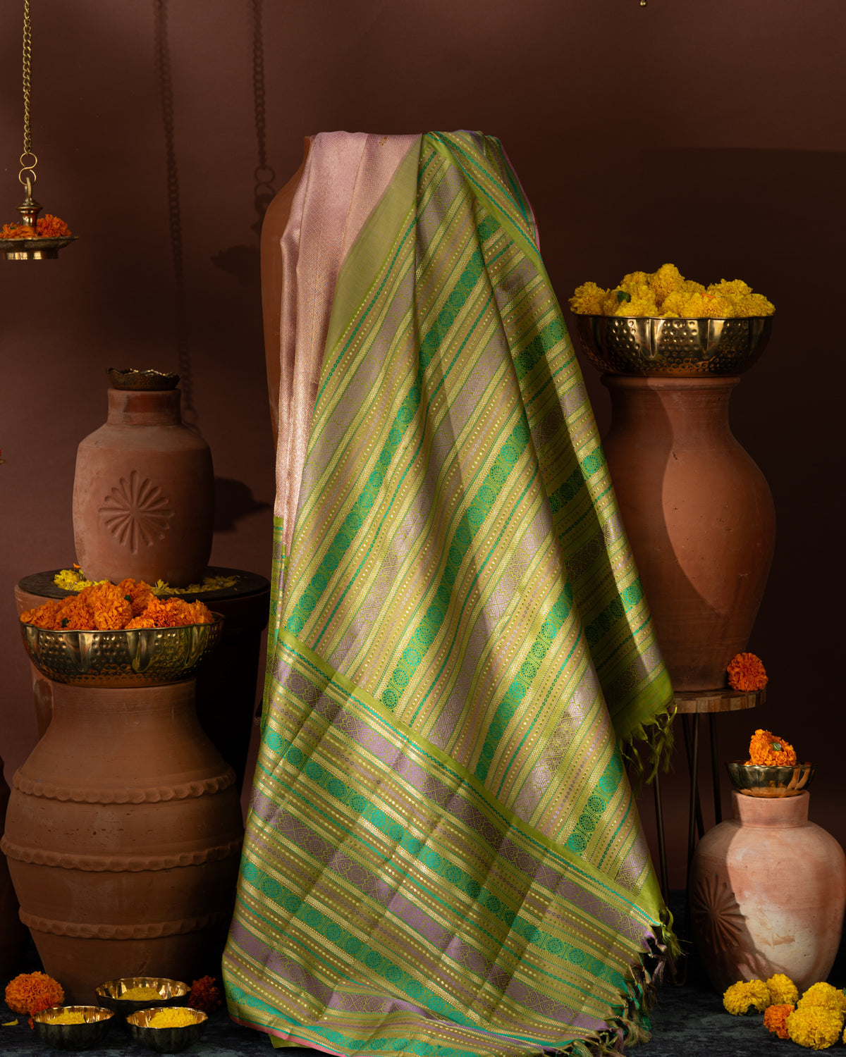 Light Pink Tissue Kanchipuram Silk Saree With Golden Zari Buttas