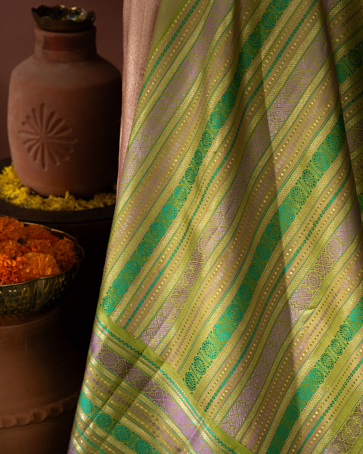 Light Pink Tissue Kanchipuram Silk Saree With Golden Zari Buttas