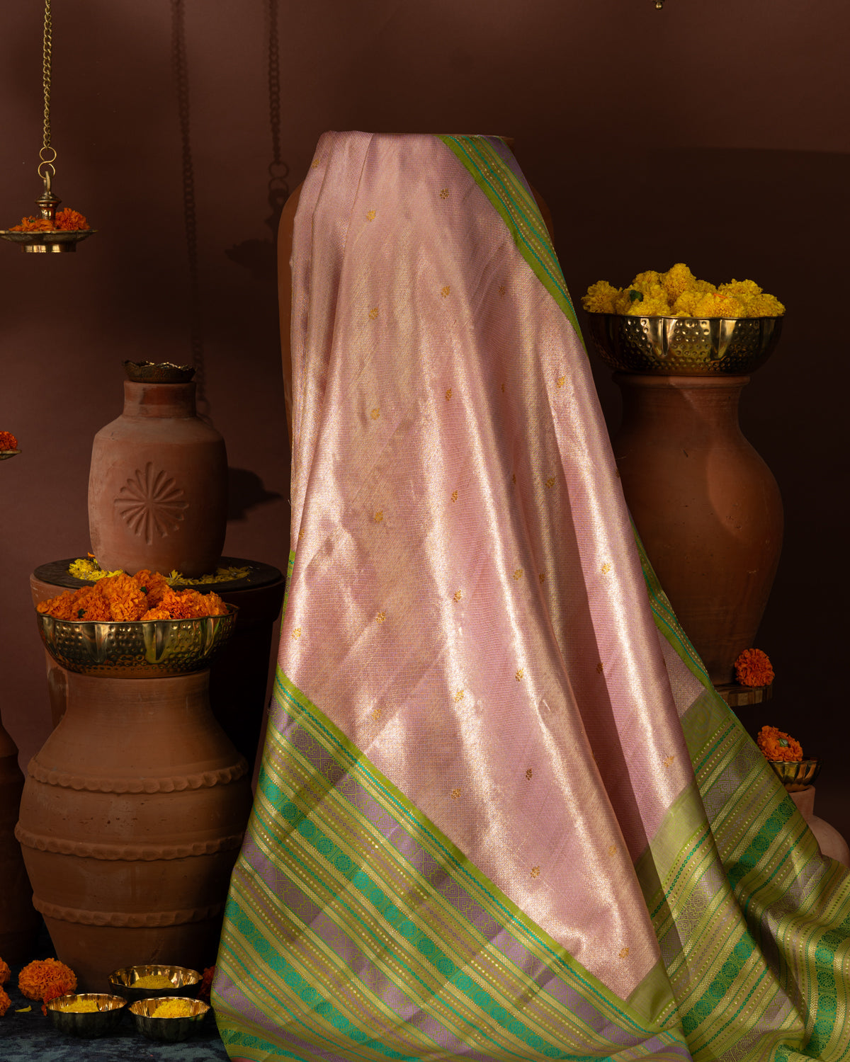 Light Pink Tissue Kanchipuram Silk Saree With Golden Zari Buttas
