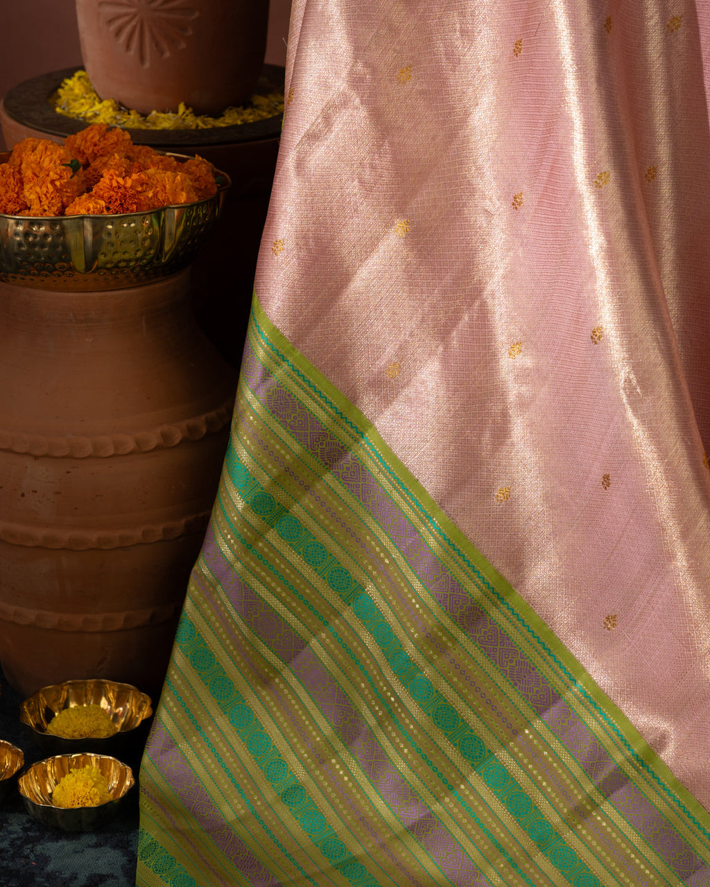 Light Pink Tissue Kanchipuram Silk Saree With Golden Zari Buttas