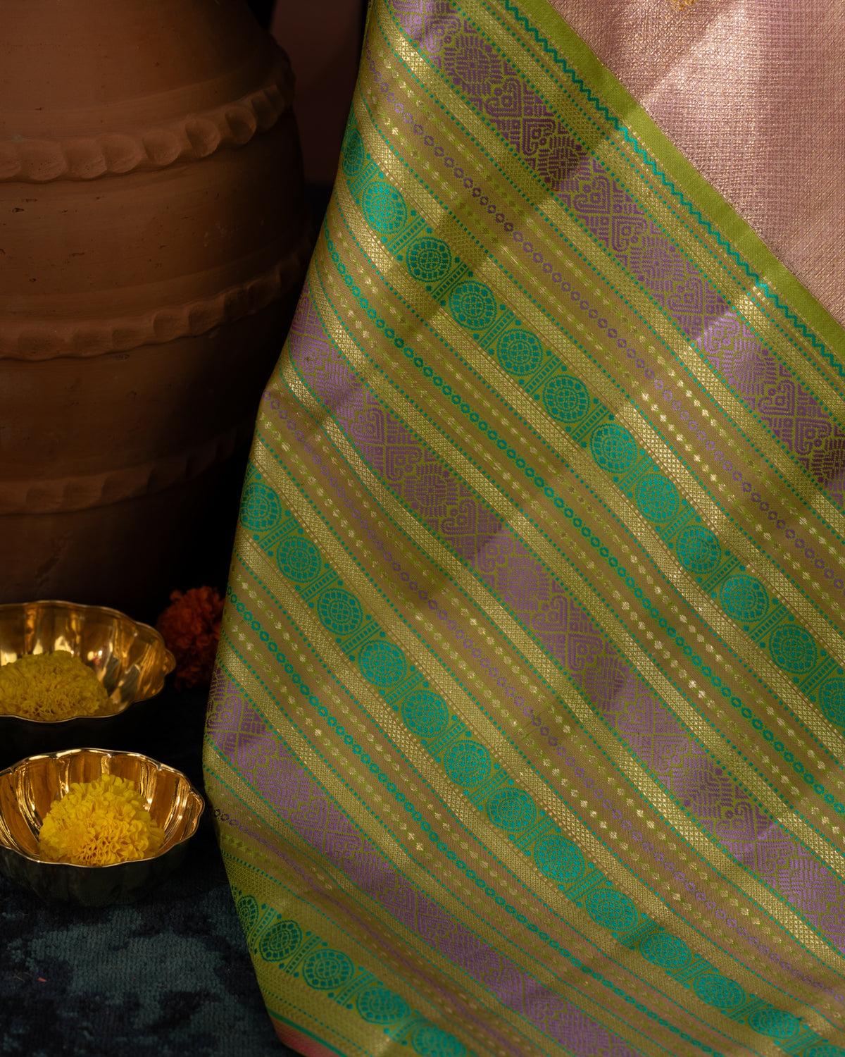Light Pink Tissue Kanchipuram Silk Saree With Golden Zari Buttas