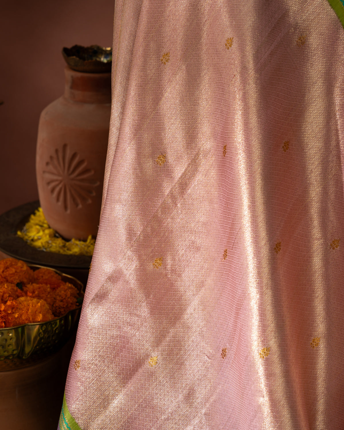 Light Pink Tissue Kanchipuram Silk Saree With Golden Zari Buttas